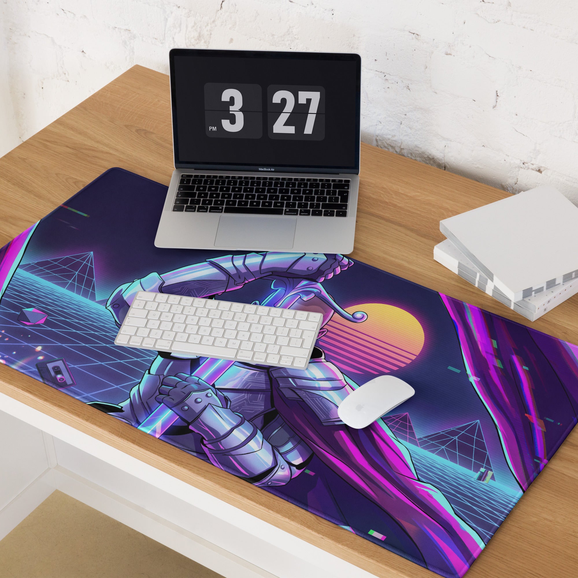 Vibrant purple and neon blue retro-futuristic gaming mousepad featuring a cyberpunk knight design for vaporwave setups