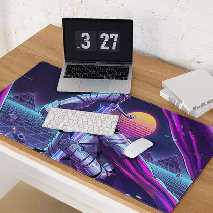 Vibrant purple and neon blue retro-futuristic gaming mousepad featuring a cyberpunk knight design for vaporwave setups