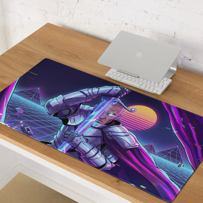 Neon vaporwave cyber mouse pad with vibrant futuristic knight glowing sword and neon pink purple blue cyberpunk design