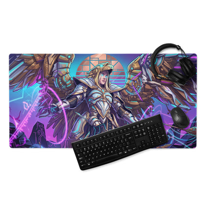 Vibrant purple and blue neon vaporwave gaming mouse pad with armored angel and futuristic cityscape design