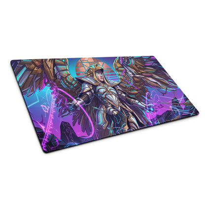 Neon vaporwave angel gaming mousepad with vibrant purple and blue neon colors featuring an armored angelic figure illustration