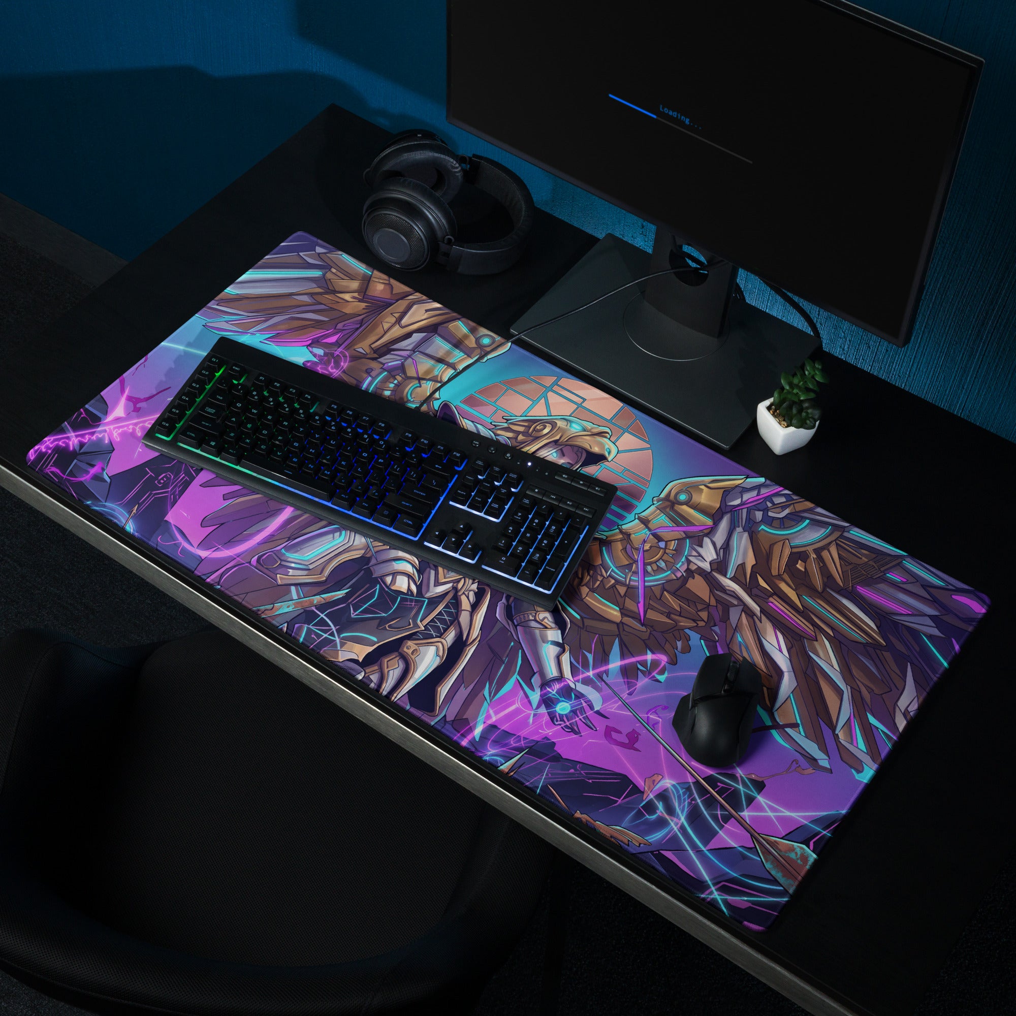 Neon vaporwave angel gaming mousepad with vibrant purple and gold colors and glowing neon synthwave accents