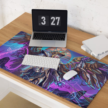 Neon vaporwave angel gaming mouse pad with vibrant purple and blue neon colors and armored characters illustration
