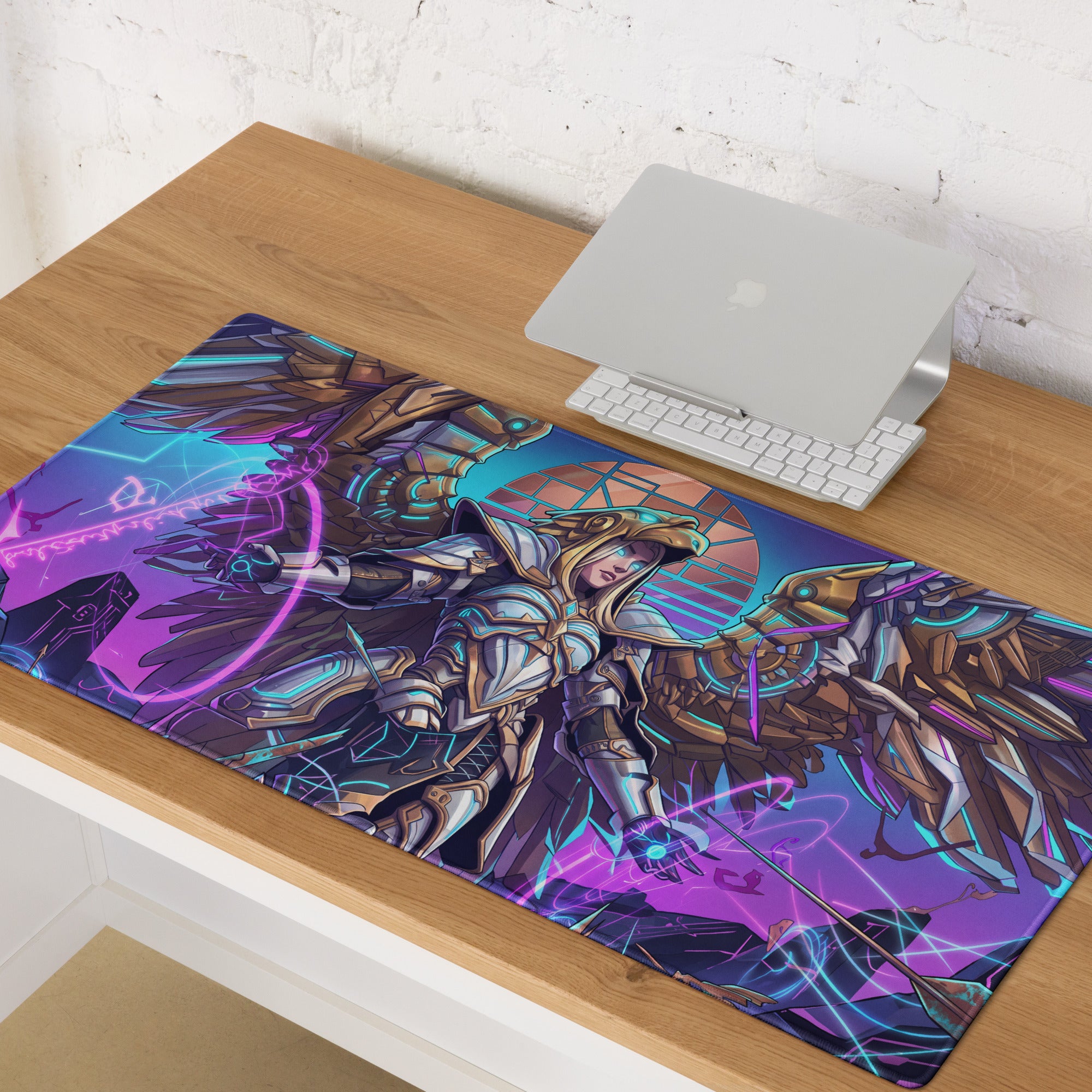 Neon vaporwave angel gaming mouse pad with vibrant purple blue design featuring armored angel and cosmic background