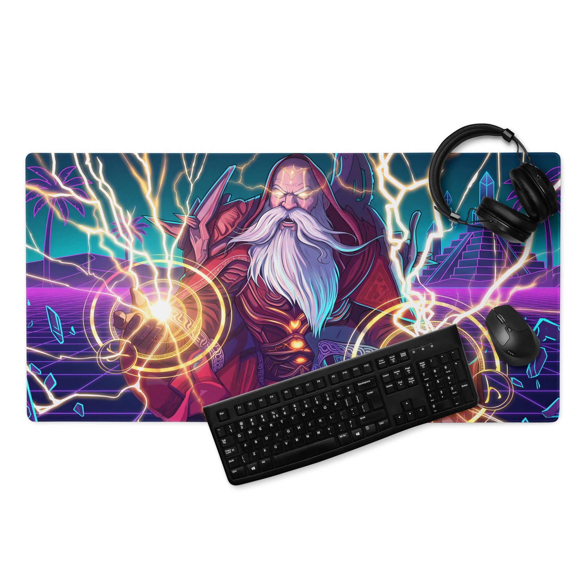 Vaporwave wizard neon console mat with vibrant purple and teal colors featuring a fantasy wizard with glowing eyes