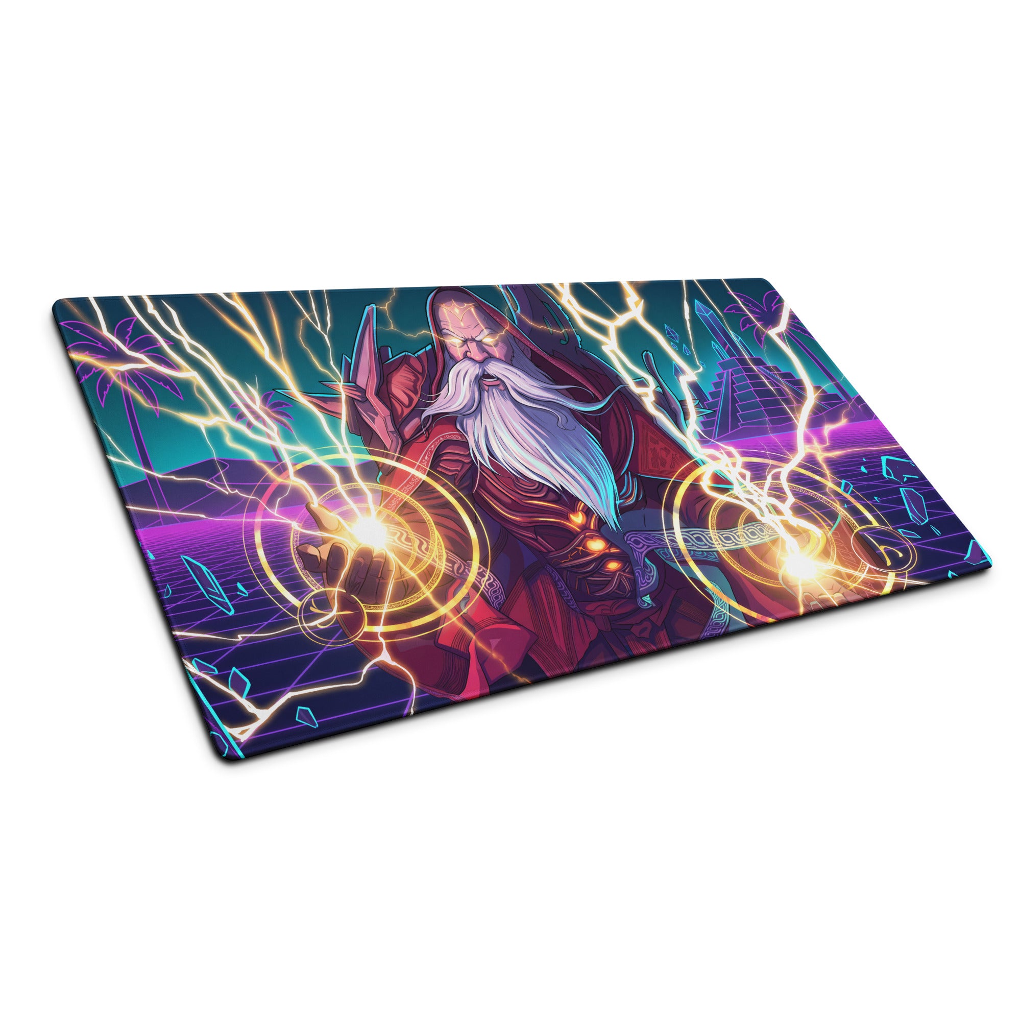 Neon-colored gaming mousepad featuring a vaporwave wizard in red robes with lightning effects and a futuristic cityscape design