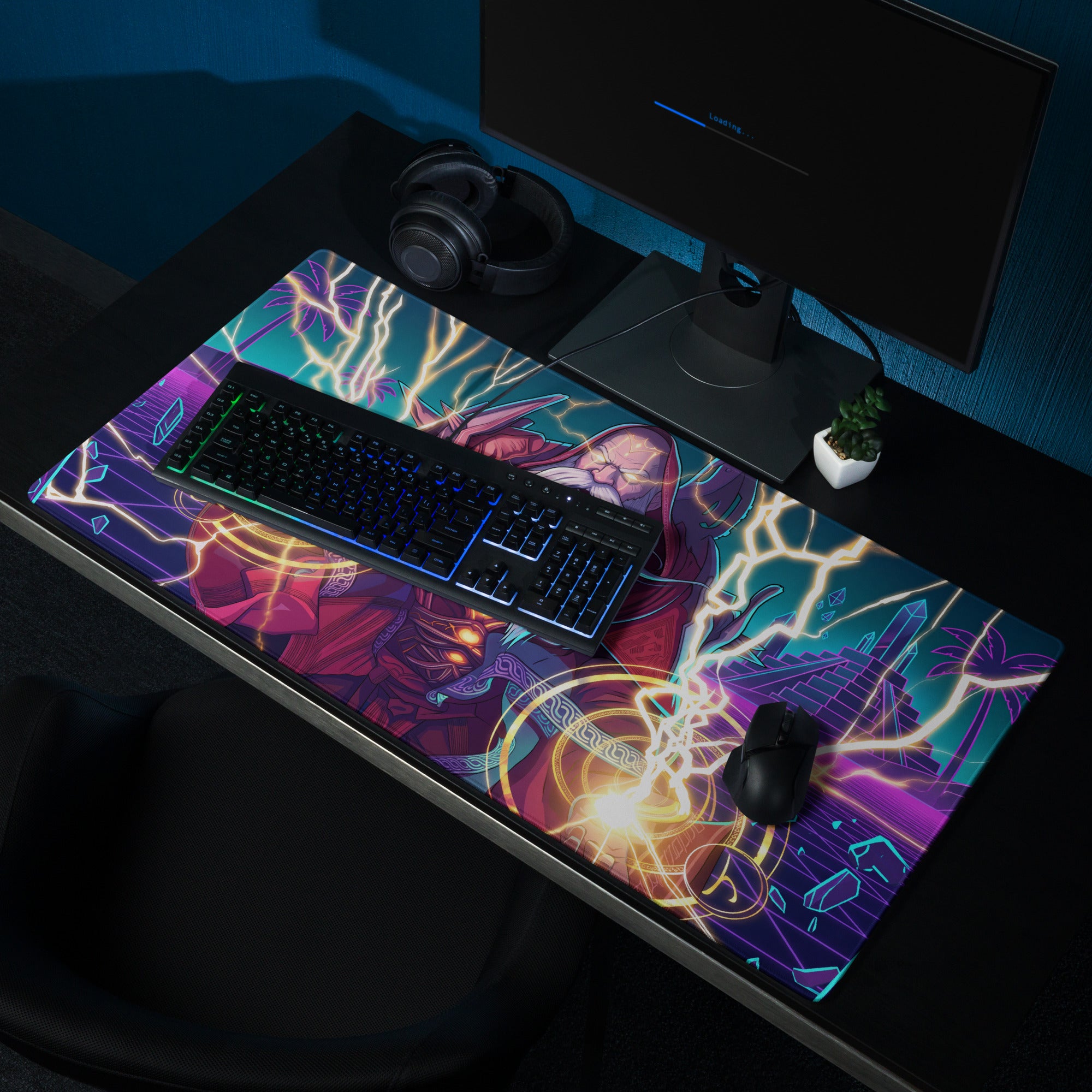 Vibrant neon purple and blue gaming mousepad with vaporwave wizard design and electric gold lightning effects