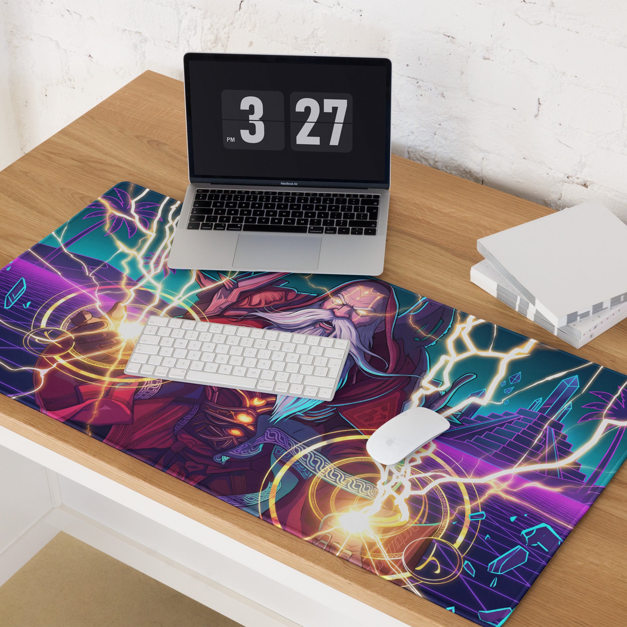 Vaporwave wizard neon purple and teal gaming mousepad with fantasy character and glowing lightning bolts design