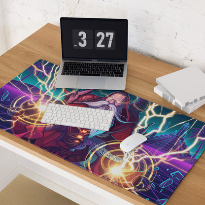 Vaporwave wizard neon purple and teal gaming mousepad with fantasy character and glowing lightning bolts design