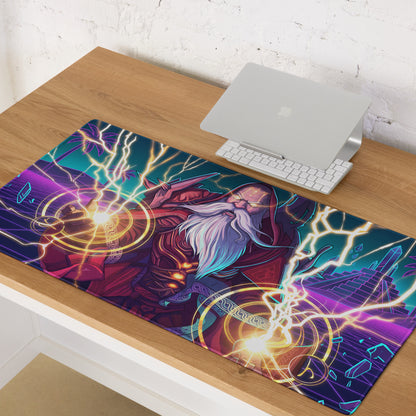 Vaporwave wizard neon purple blue gaming mousepad with fantasy wizard, glowing lightning, and magical symbols design