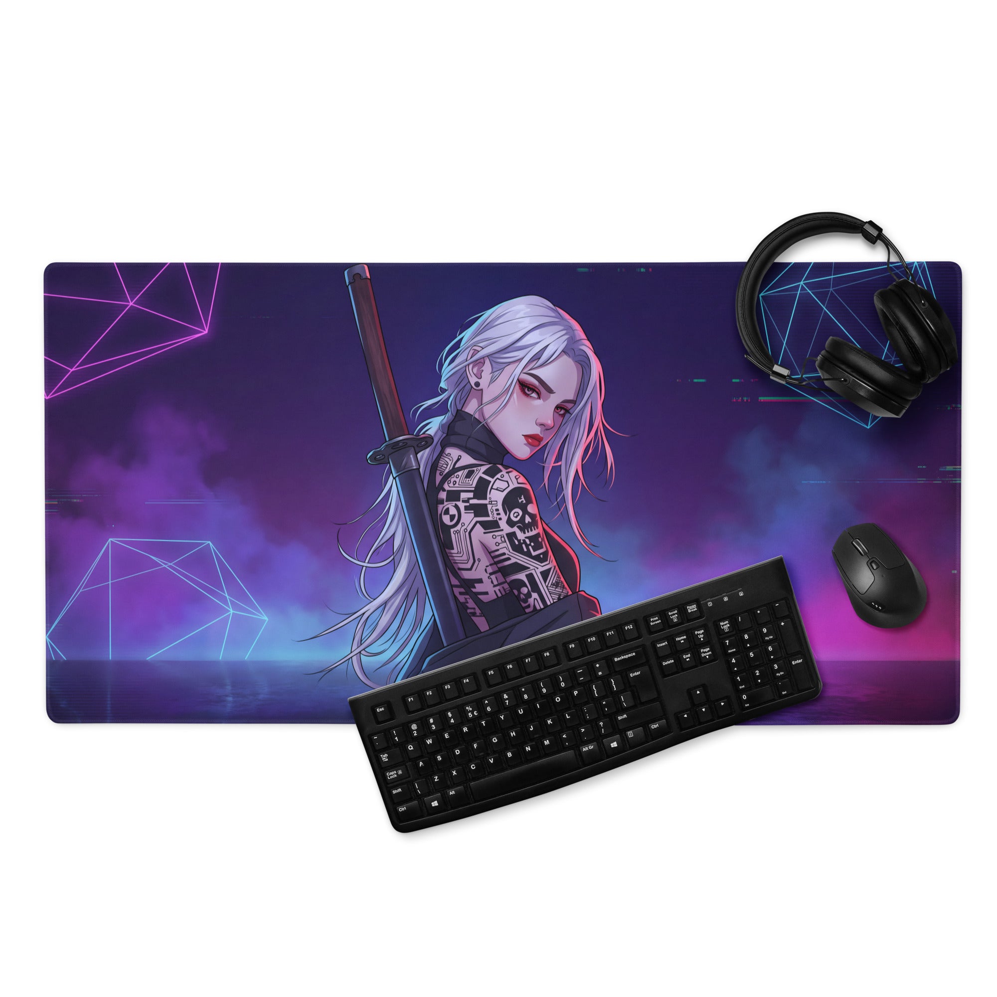 Neon vaporwave warrior mouse pad with purple and blue neon lighting featuring anime warrior with silver hair and cybernetic tattoos