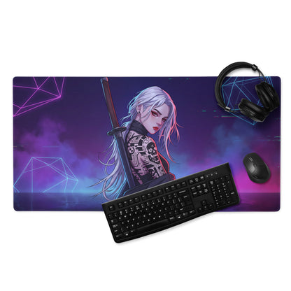 Neon vaporwave warrior mouse pad with purple and blue neon lighting featuring anime warrior with silver hair and cybernetic tattoos