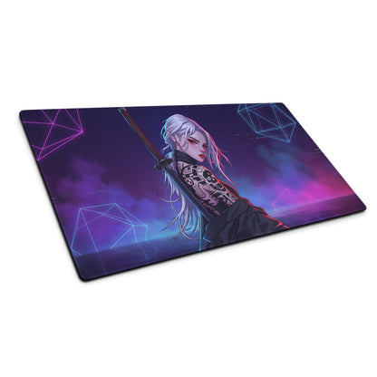Neon vaporwave warrior gaming mousepad with navy blue and purple neon geometric design and silver haired anime warrior