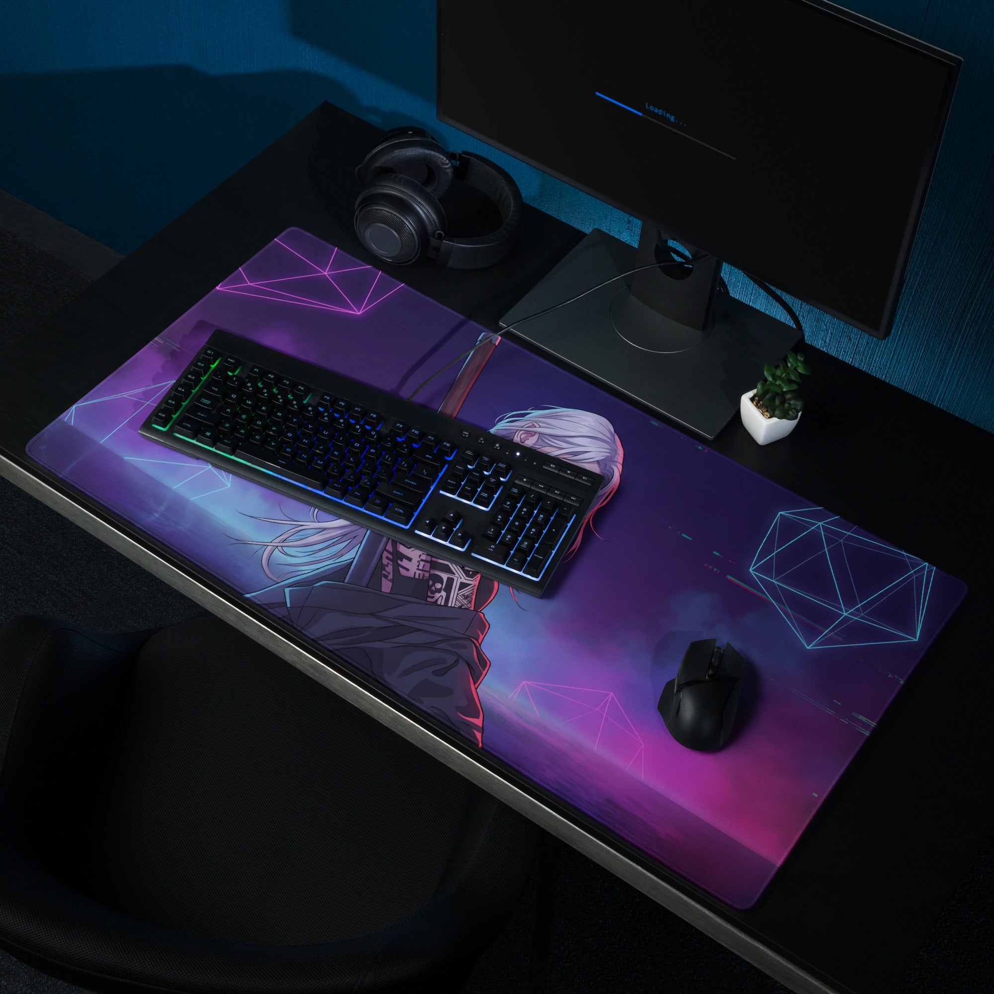Neon vaporwave warrior gaming mousepad with purple pink blue neon anime character and geometric futuristic design