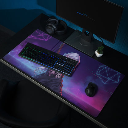 Neon vaporwave warrior gaming mousepad with purple pink blue neon anime character and geometric futuristic design
