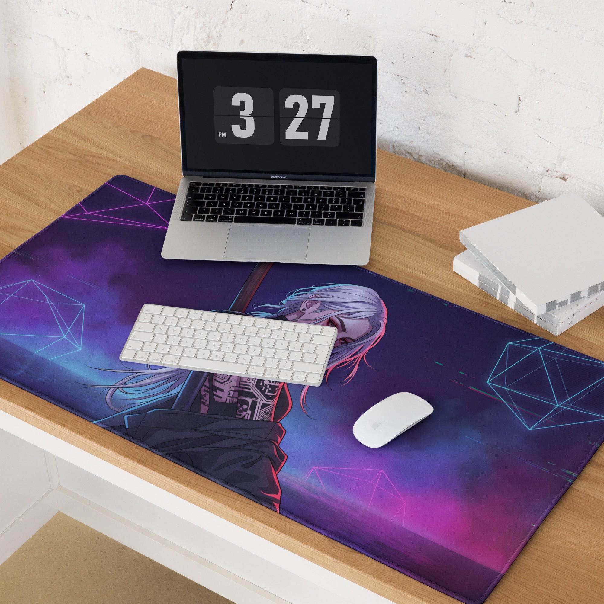 Neon vaporwave warrior purple pink blue geometric anime-themed gaming mousepad with character illustration