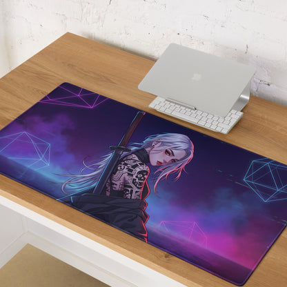 Neon vaporwave warrior anime gaming mousepad with purple pink blue geometric design and silver-haired character holding sword