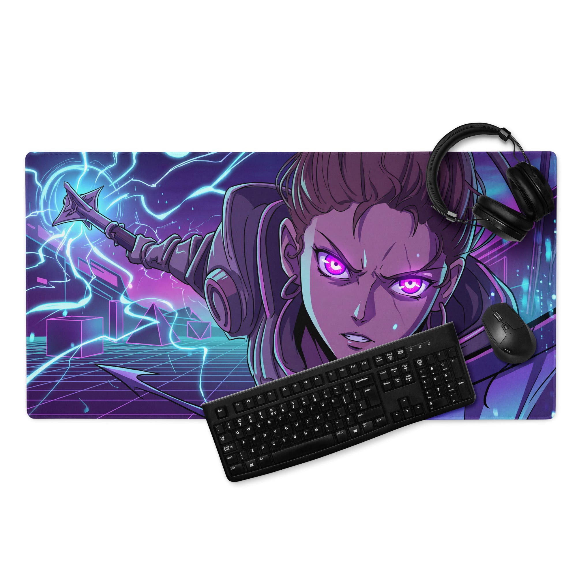 Vaporwave neon night mouse pad with vibrant purple and blue cyberpunk design featuring glowing eyes for gaming