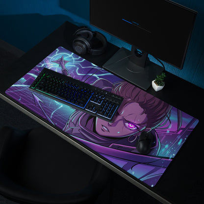 Vaporwave neon night mouse pad featuring a purple and blue anime character with glowing eyes for gaming desks