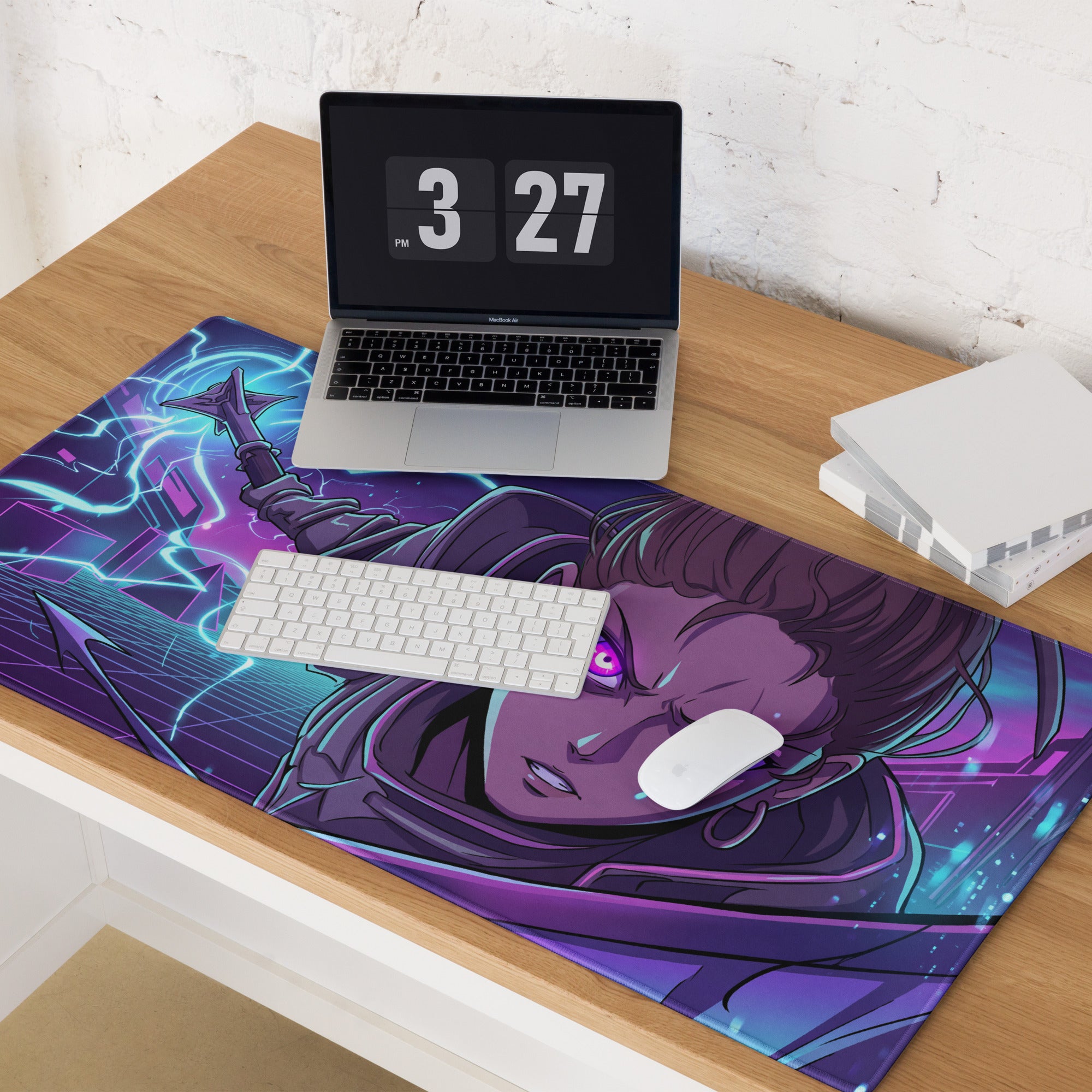 Vaporwave neon night mouse pad with purple and blue neon anime character glowing eyes cyberpunk gaming design