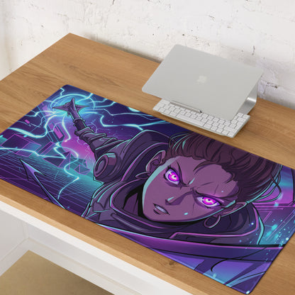 Vaporwave neon night gaming mouse pad in purple and blue featuring a cyberpunk character with glowing eyes digital art