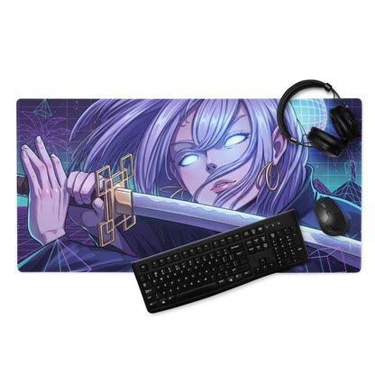Purple and blue vaporwave neon anime gaming mousepad with silver haired character holding a sword digital art design