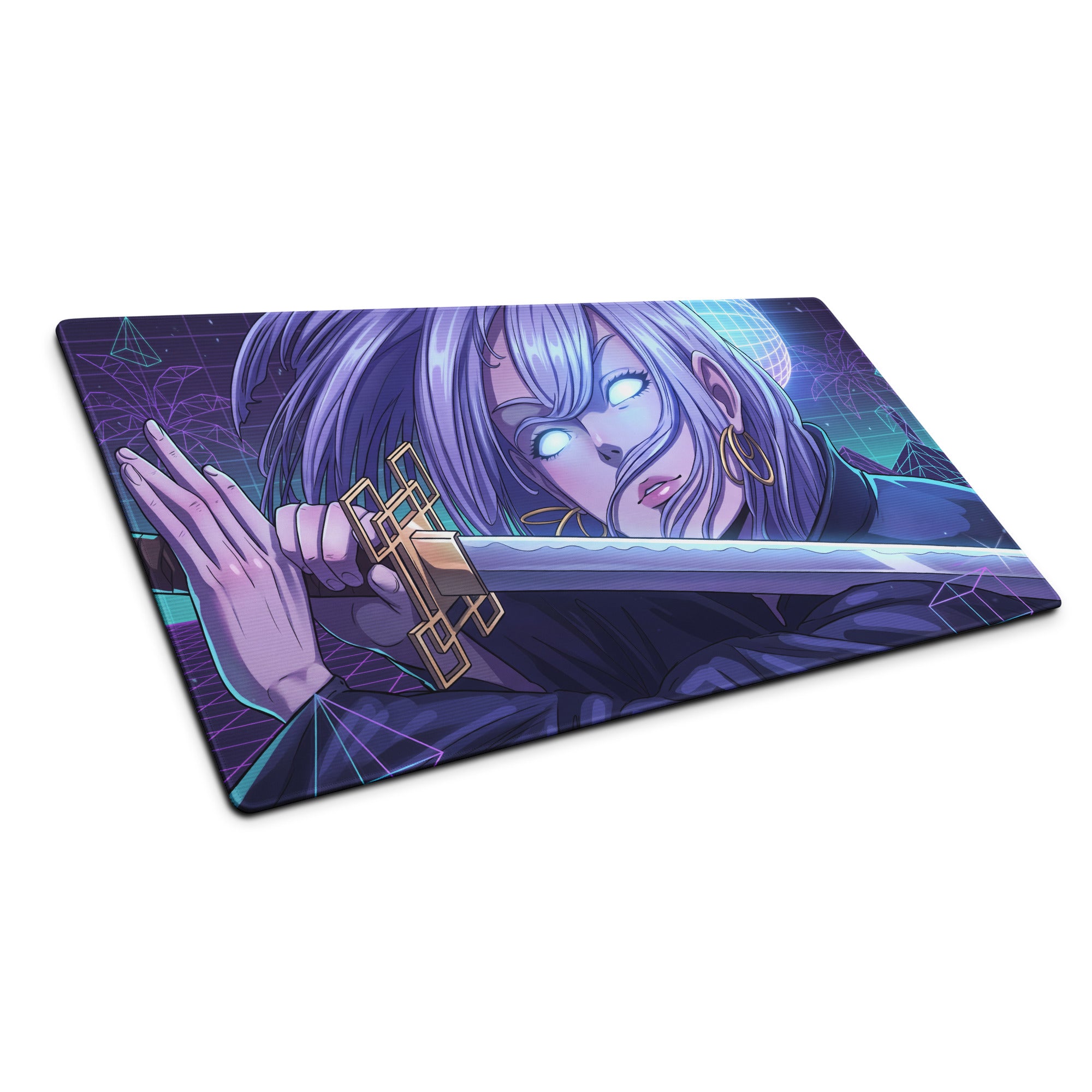 Purple and teal anime-themed gaming mousepad featuring a character with glowing eyes holding a sword in vaporwave style