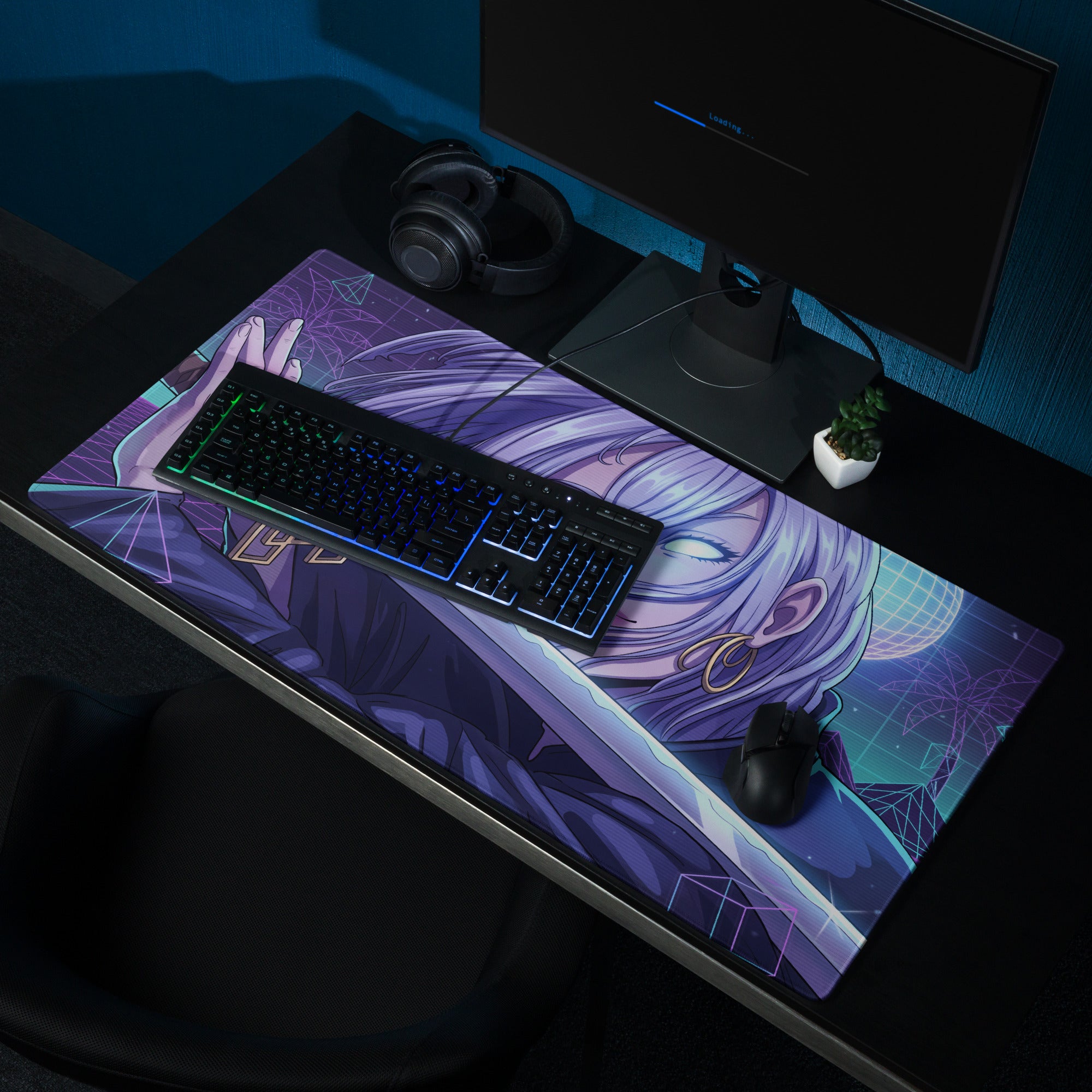 Purple anime-themed gaming mousepad with long silver hair character and futuristic vaporwave neon geometric designs