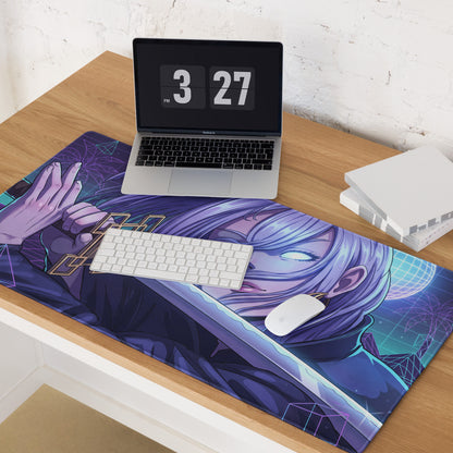Purple and teal vaporwave neon anime gaming mousepad with long silver-haired character and glowing geometric digital art