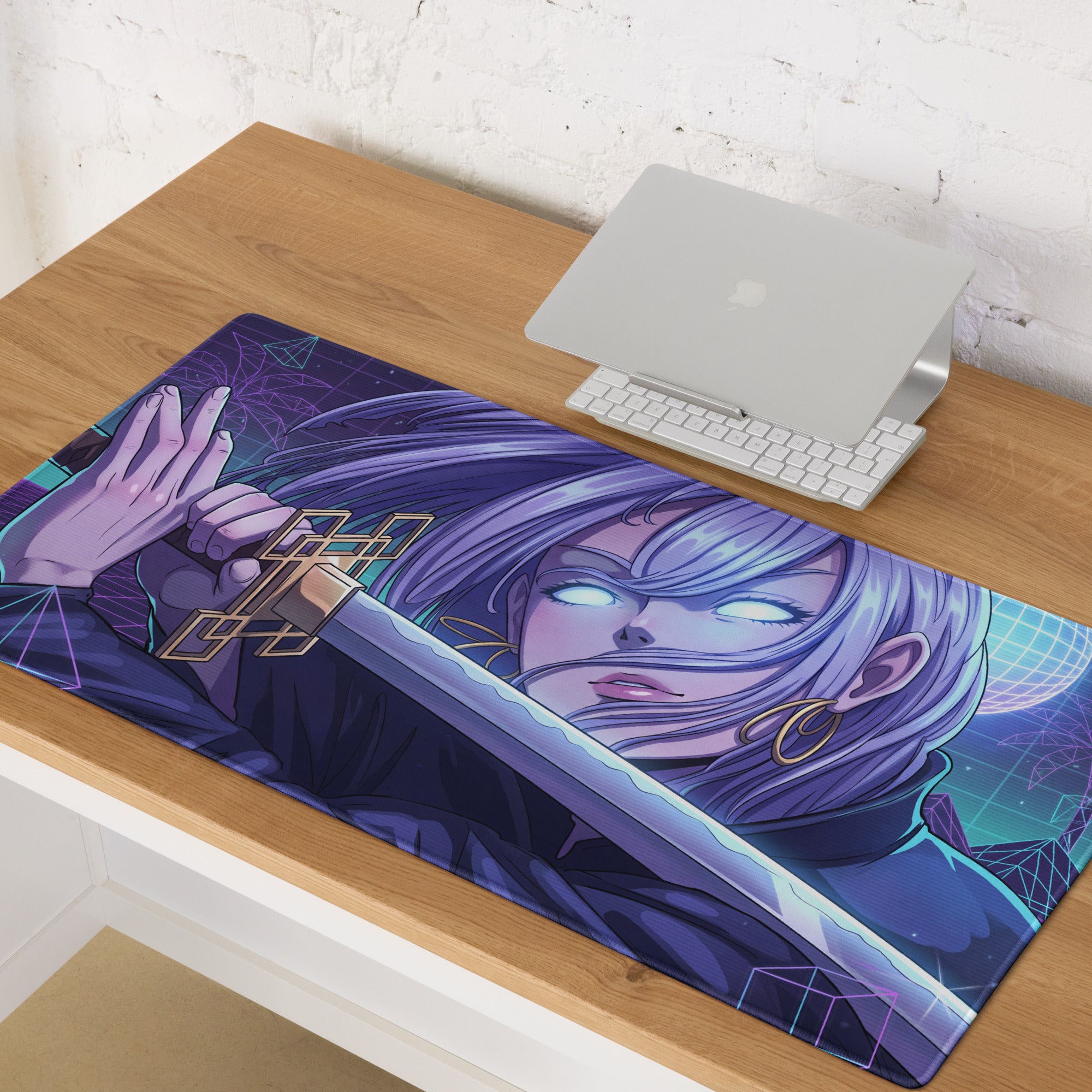 Purple and blue anime-themed gaming mousepad with silver hair character glowing eyes and futuristic vaporwave design