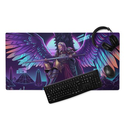 Vibrant purple and teal neon gaming mousepad featuring a winged fantasy warrior displayed with keyboard and headset