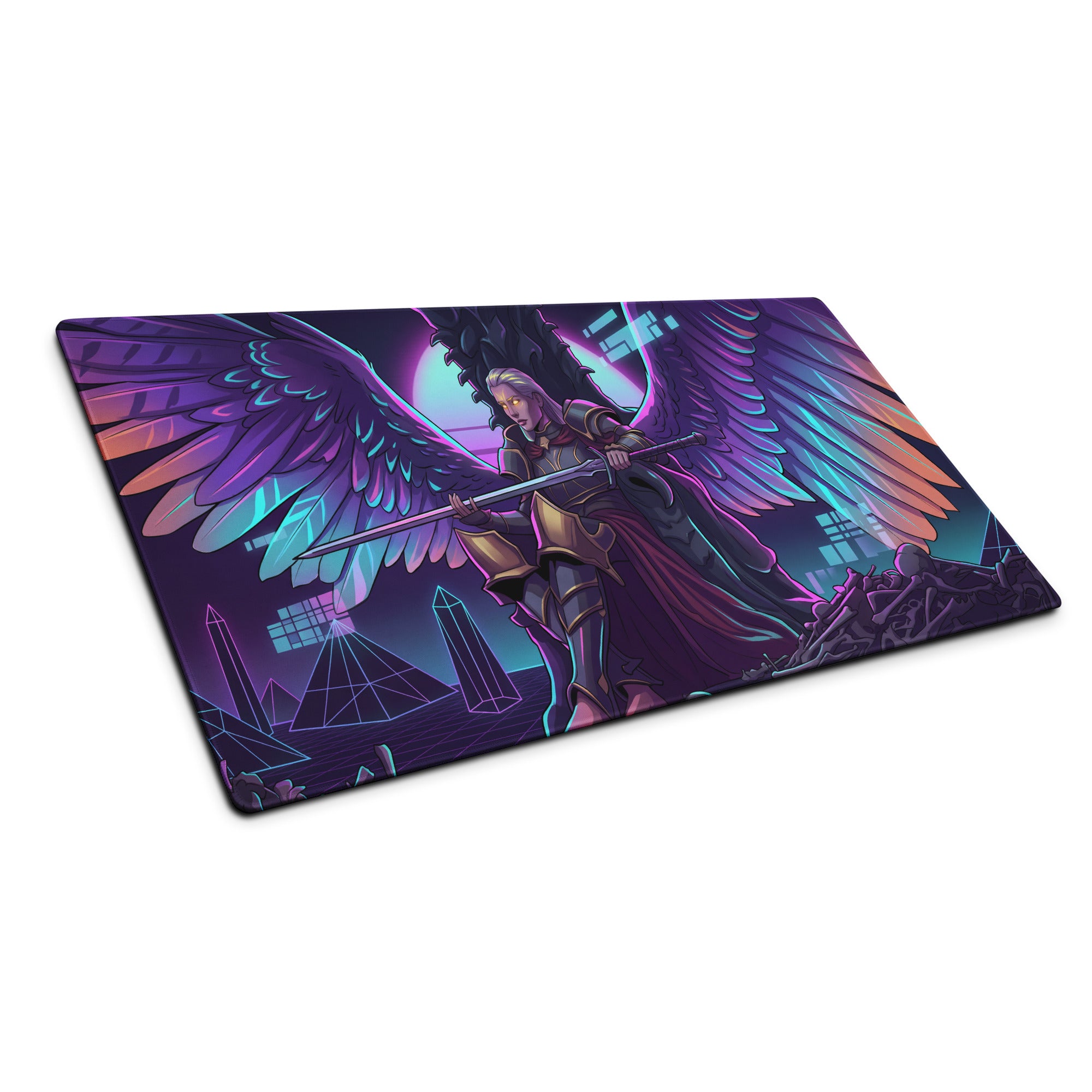 Vibrant purple and teal neon gaming mousepad featuring an angelic warrior with wings and sword on a cyberpunk cityscape