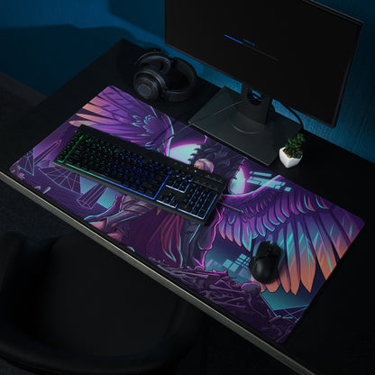 Purple and black gaming mousepad with detailed angelic figure and wings on a futuristic cityscape background