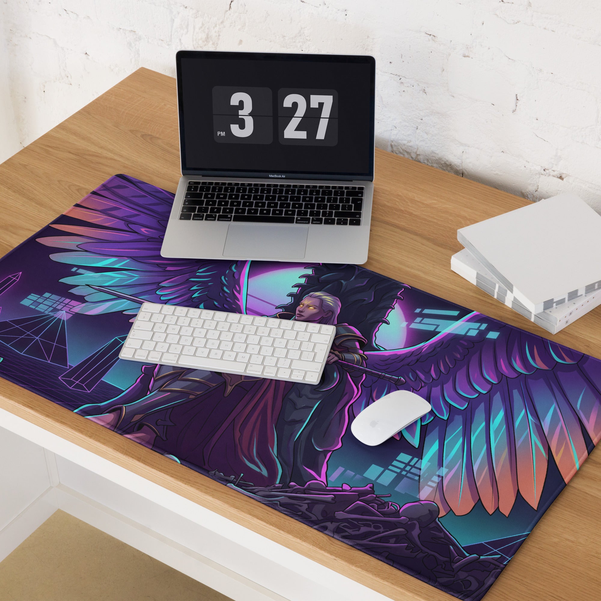 Vibrant purple and teal winged neon warrior design on a large rectangular gaming mousepad for cyberpunk desks