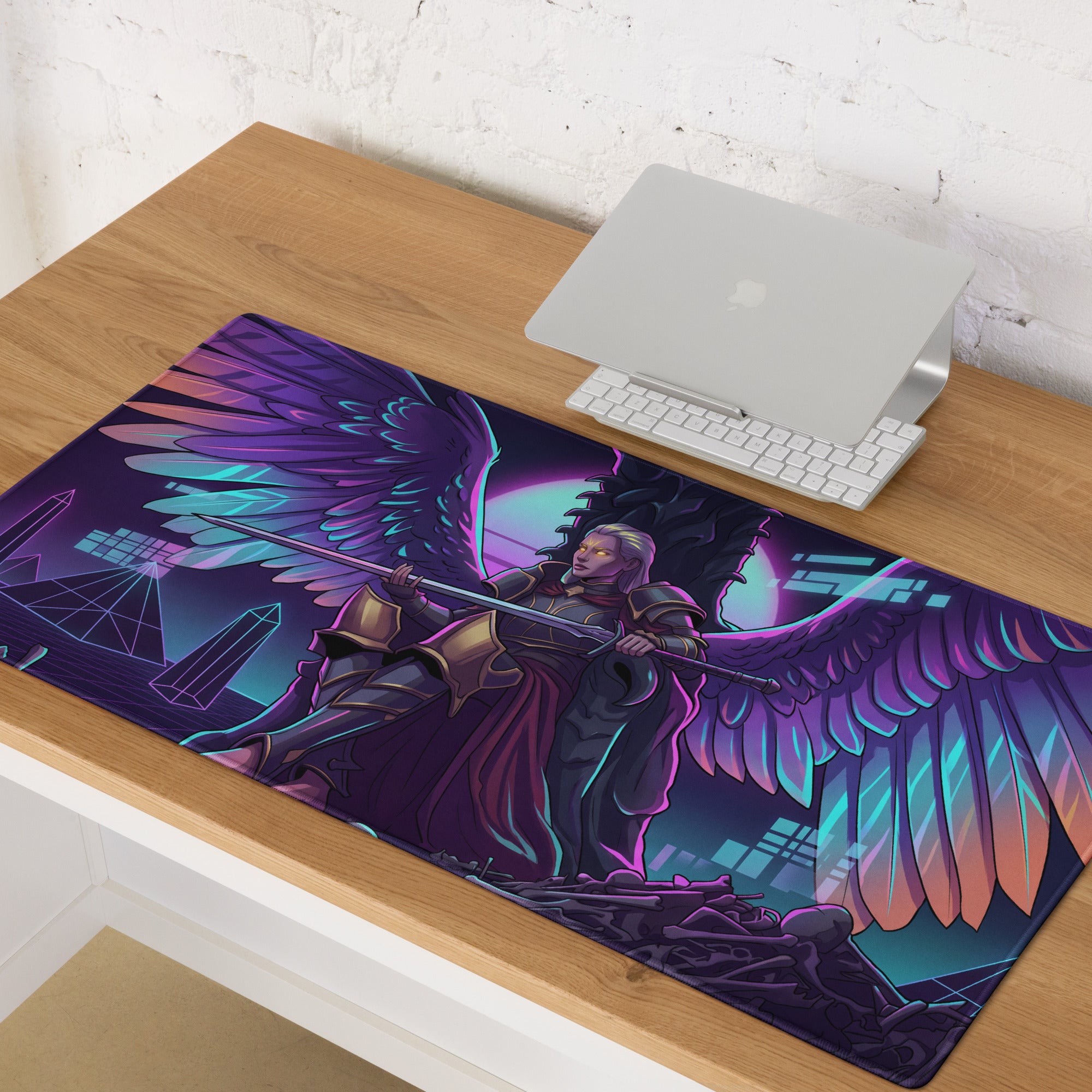 Winged neon warrior purple cyan gaming mousepad with vibrant neon armored angel and futuristic cityscape design