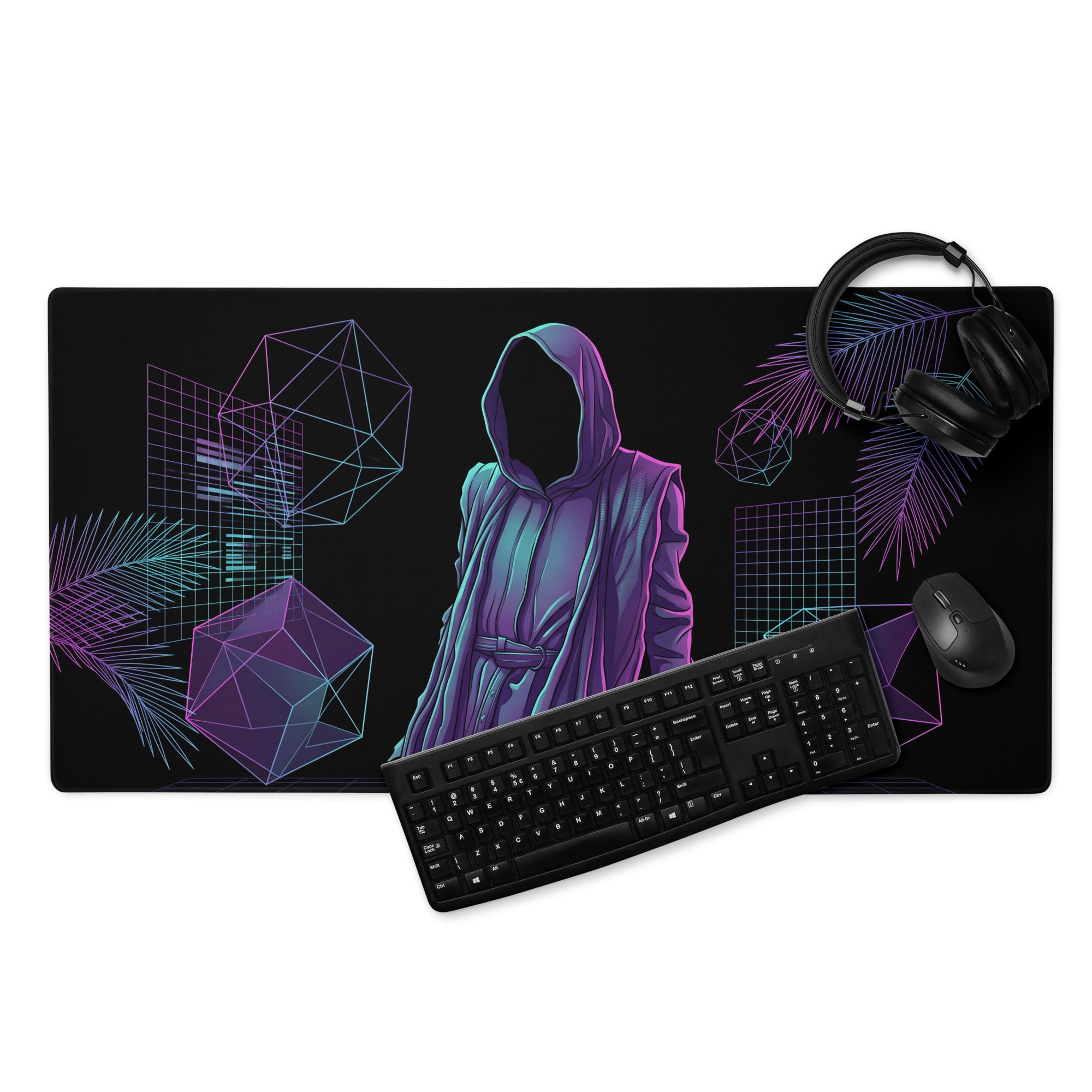 Black gaming mousepad with glowing purple and teal hooded figure surrounded by geometric shapes and palm leaves
