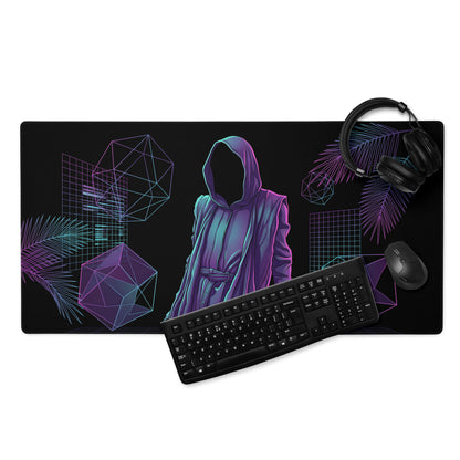 Black gaming mousepad with glowing purple and teal hooded figure surrounded by geometric shapes and palm leaves