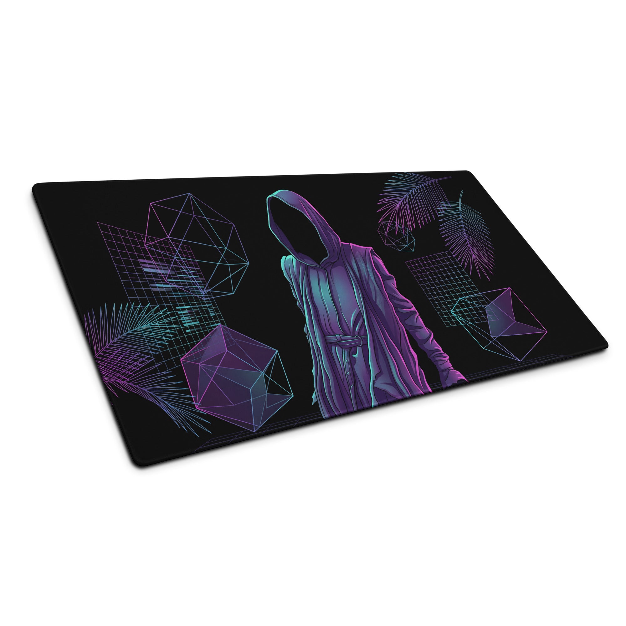 Black rectangular gaming mousepad with neon purple and teal vaporwave hooded figure and geometric palm leaf design