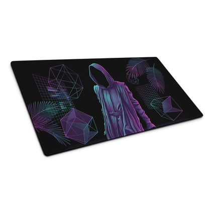 Black rectangular gaming mousepad with neon purple and teal vaporwave hooded figure and geometric palm leaf design