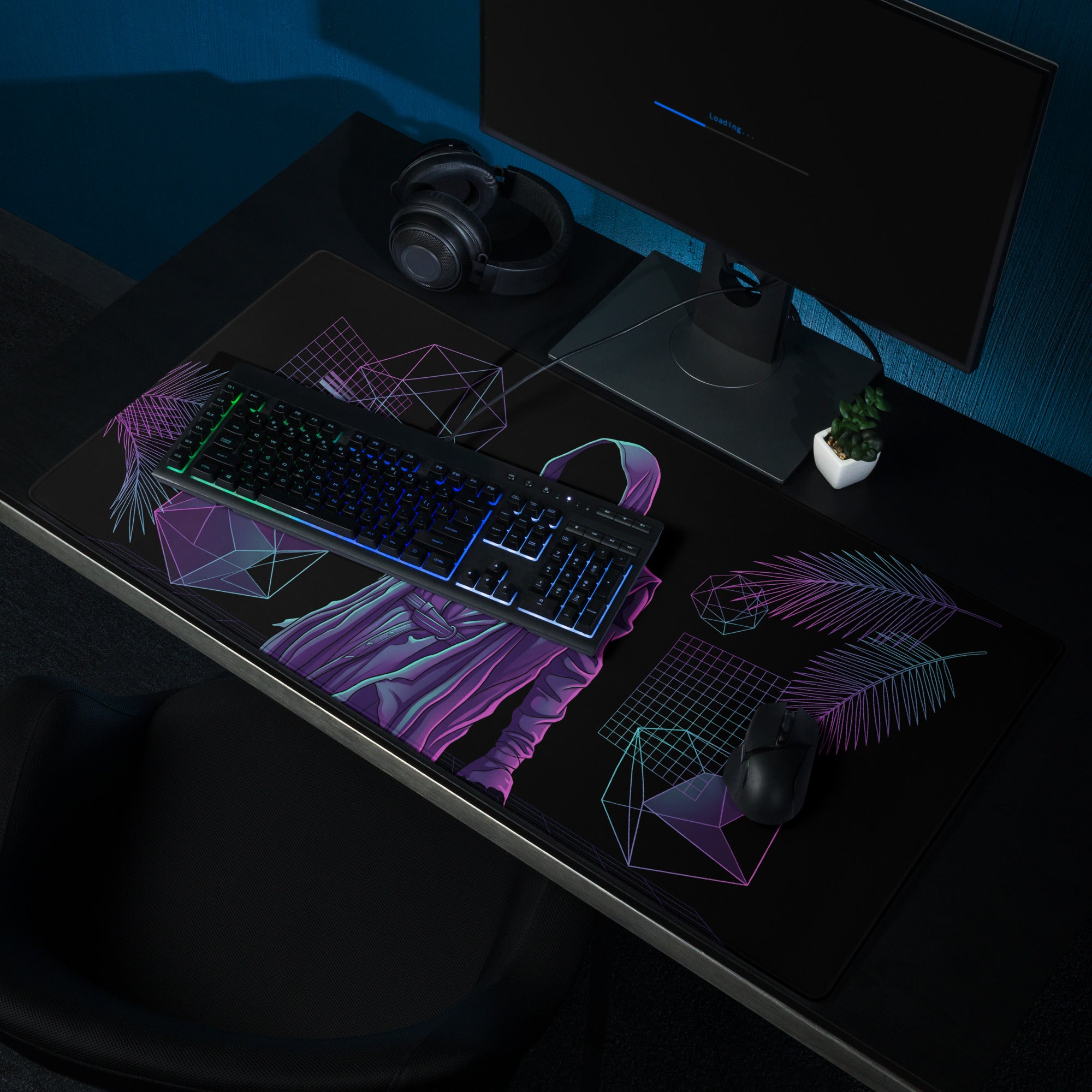 Black gaming mousepad with vibrant purple neon geometric design and palm leaf patterns for vaporwave gaming desks