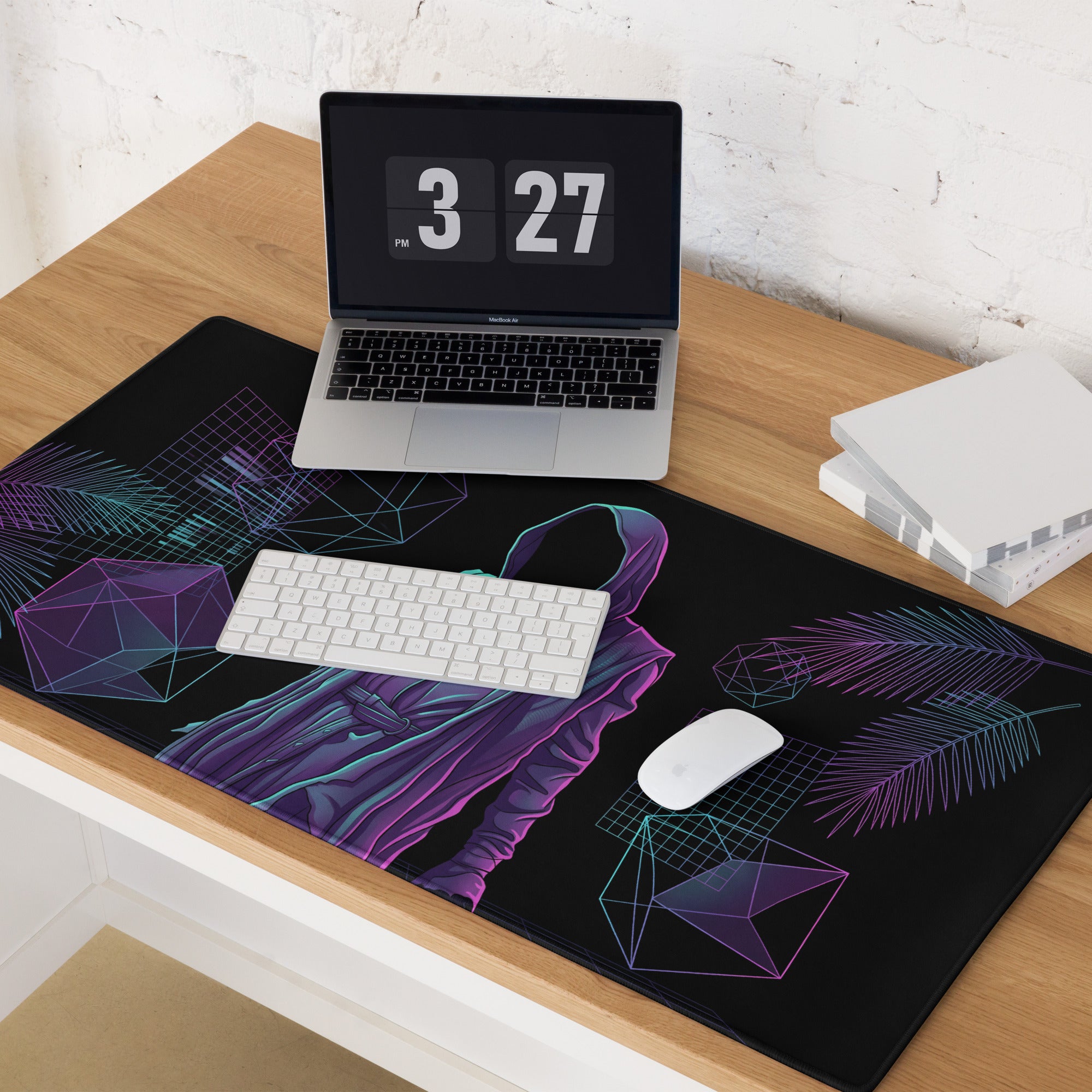Black gaming mousepad with vibrant neon purple and teal geometric design featuring a hooded figure and palm leaves