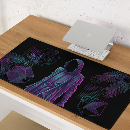 Black gaming mousepad with neon purple and teal vaporwave hooded figure digital art and geometric palm fronds design