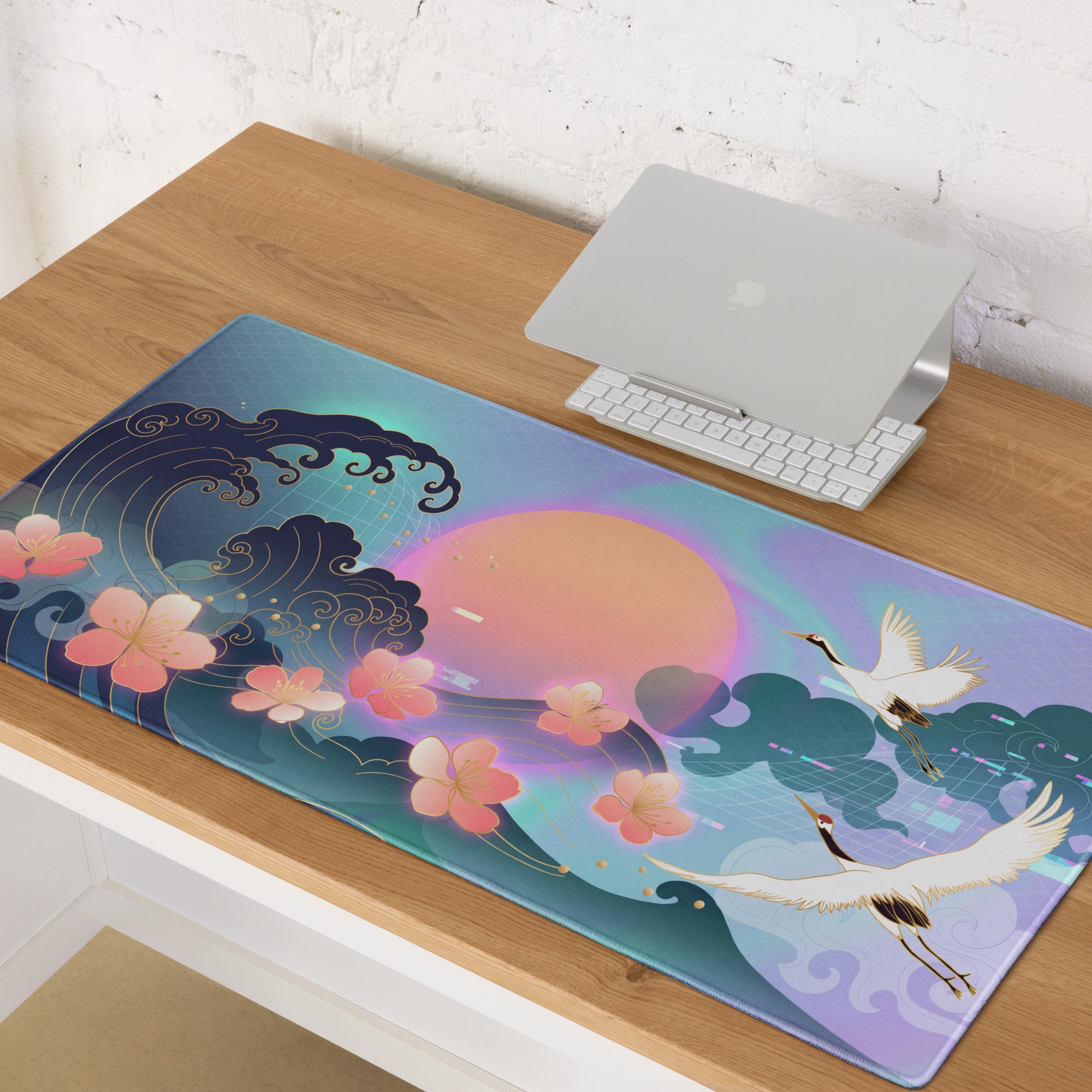 Vaporwave Neon Sakura Mouse Pad - Mouse Pad Neon Purple Turquoise Vaporwave Nostalgia Aesthetic Desk Digital Art
