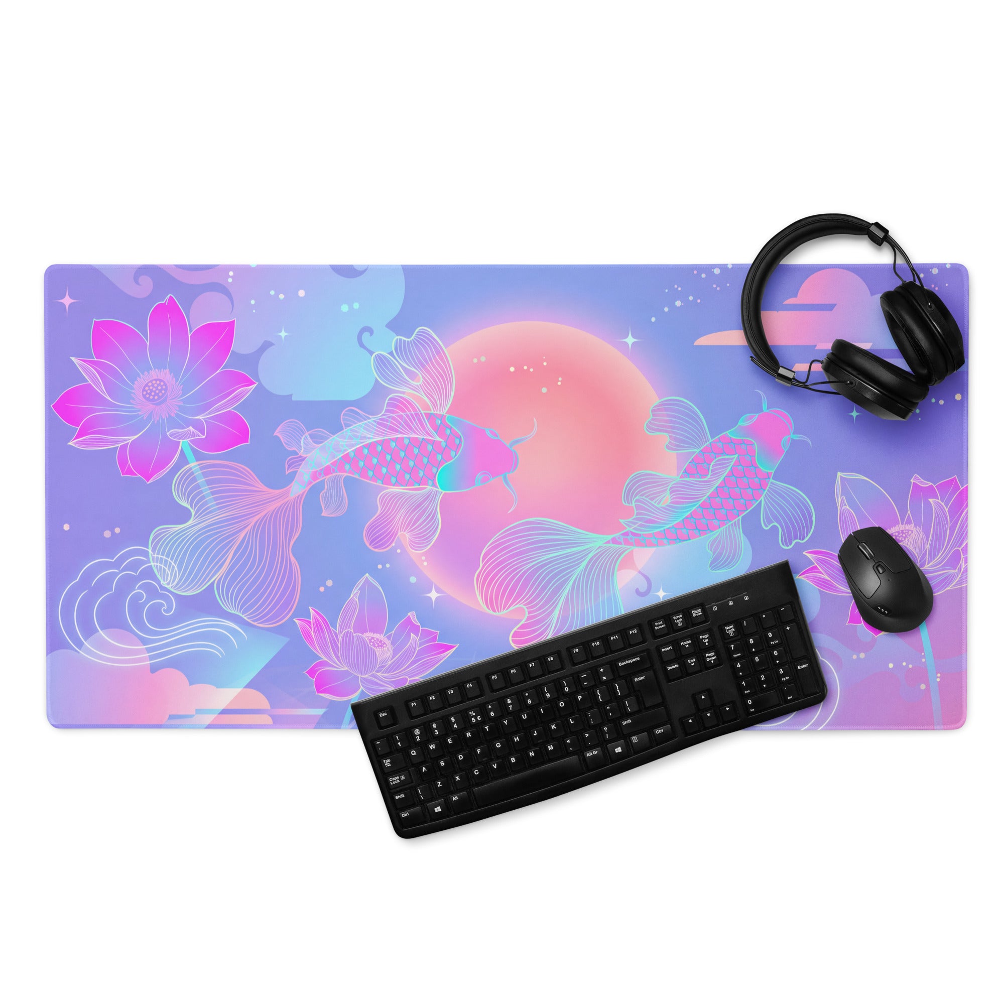 Vaporwave Sunset Koi Gaming Mouse Pad - Gaming Mouse Pad Purple Pink Gradient Desk Setup Vaporwave Dreamy Neon Retro Futurism Koi Digital Art