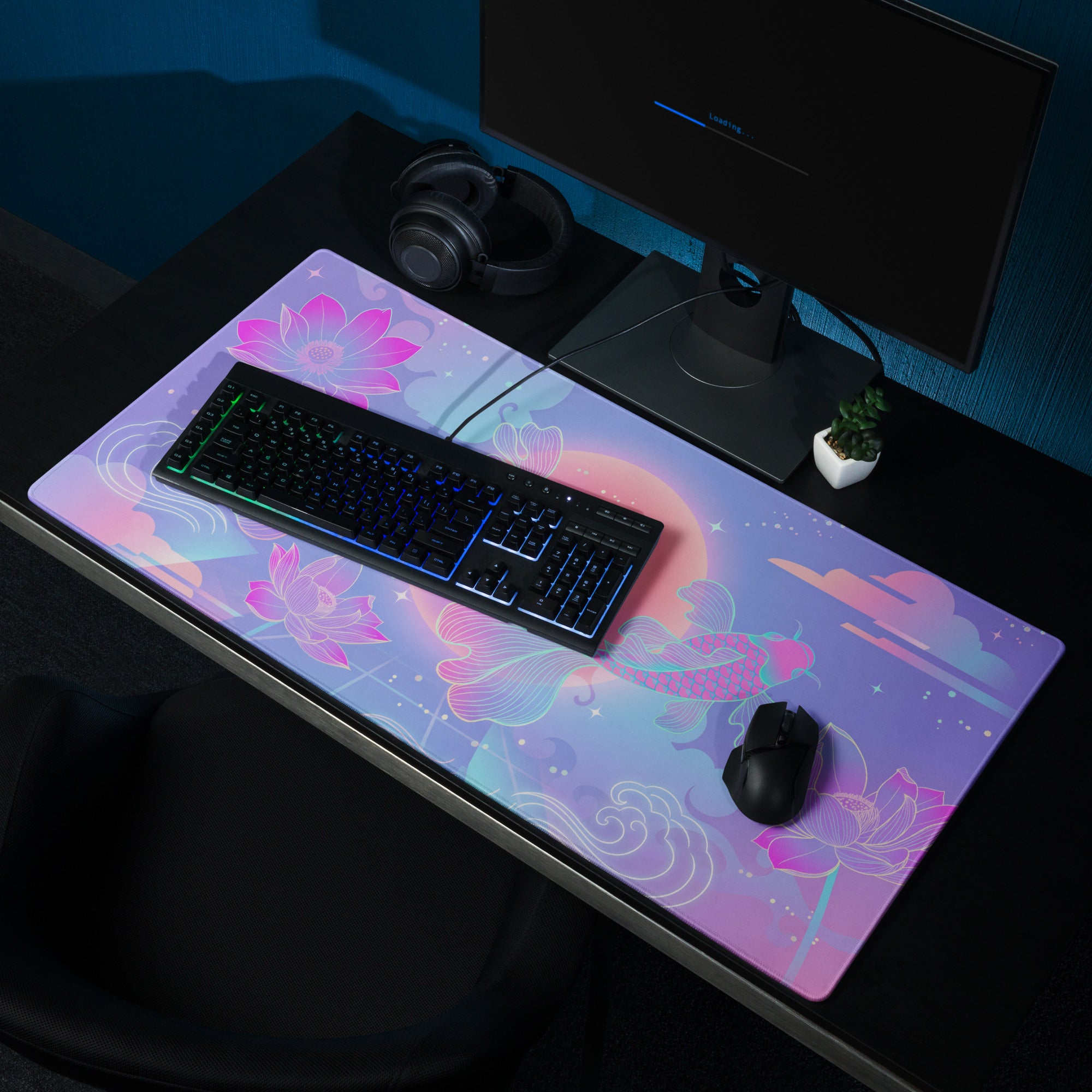 Vaporwave Sunset Koi Gaming Mouse Pad - Gaming Mouse Pad Purple Pink Gradient Desk Setup Vaporwave Dreamy Neon Retro Futurism Koi Digital Art