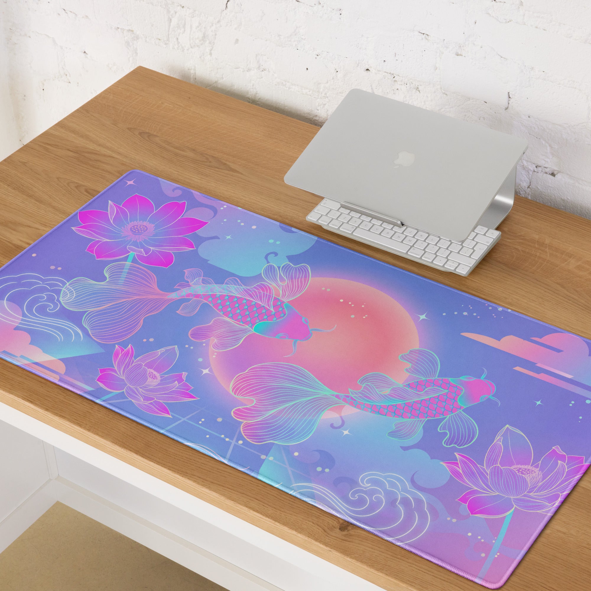 Vaporwave Sunset Koi Gaming Mouse Pad - Gaming Mouse Pad Purple Pink Gradient Desk Setup Vaporwave Dreamy Neon Retro Futurism Koi Digital Art