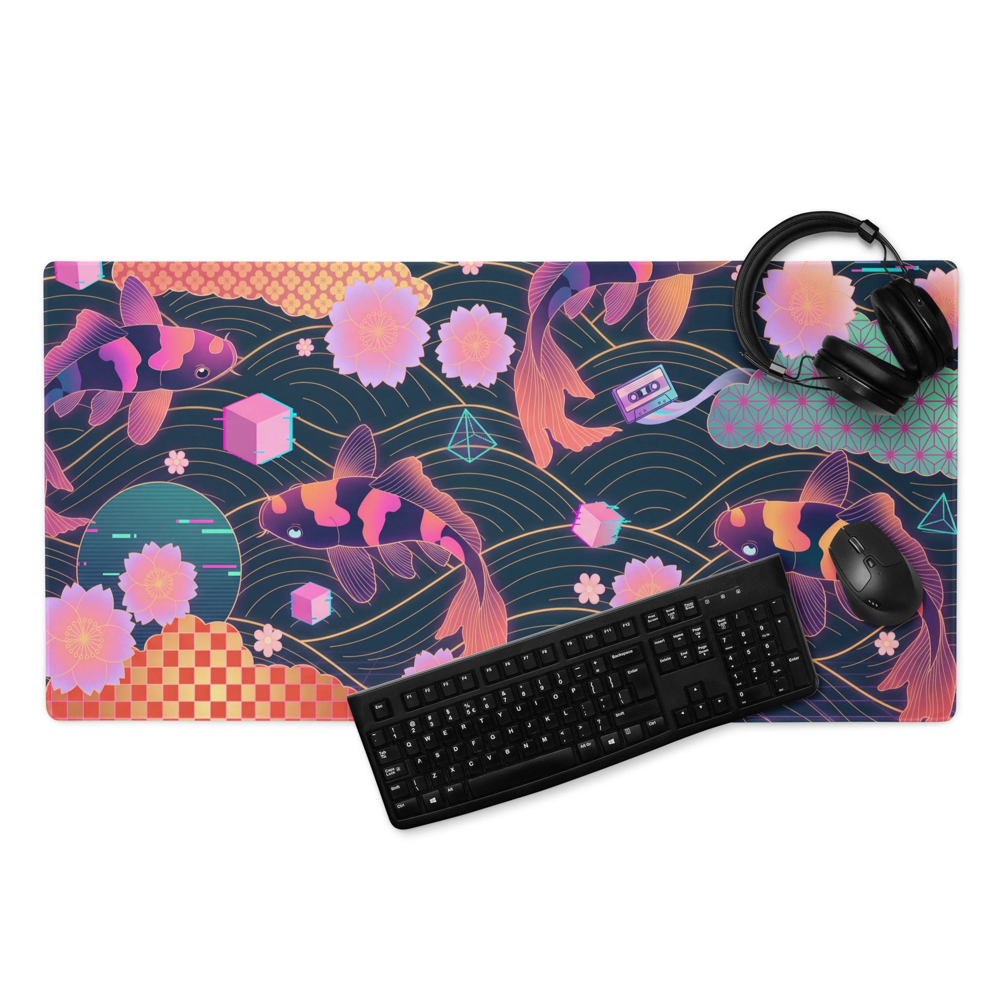 Neon Vaporwave Koi Desk Pad - Koi Fish Neon Pink Purple Gaming Desk Vaporwave Dreamy Neon Mood Retro Decor Digital Print