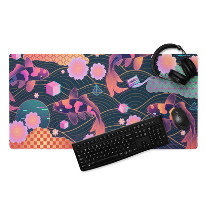 Neon Vaporwave Koi Desk Pad - Koi Fish Neon Pink Purple Gaming Desk Vaporwave Dreamy Neon Mood Retro Decor Digital Print