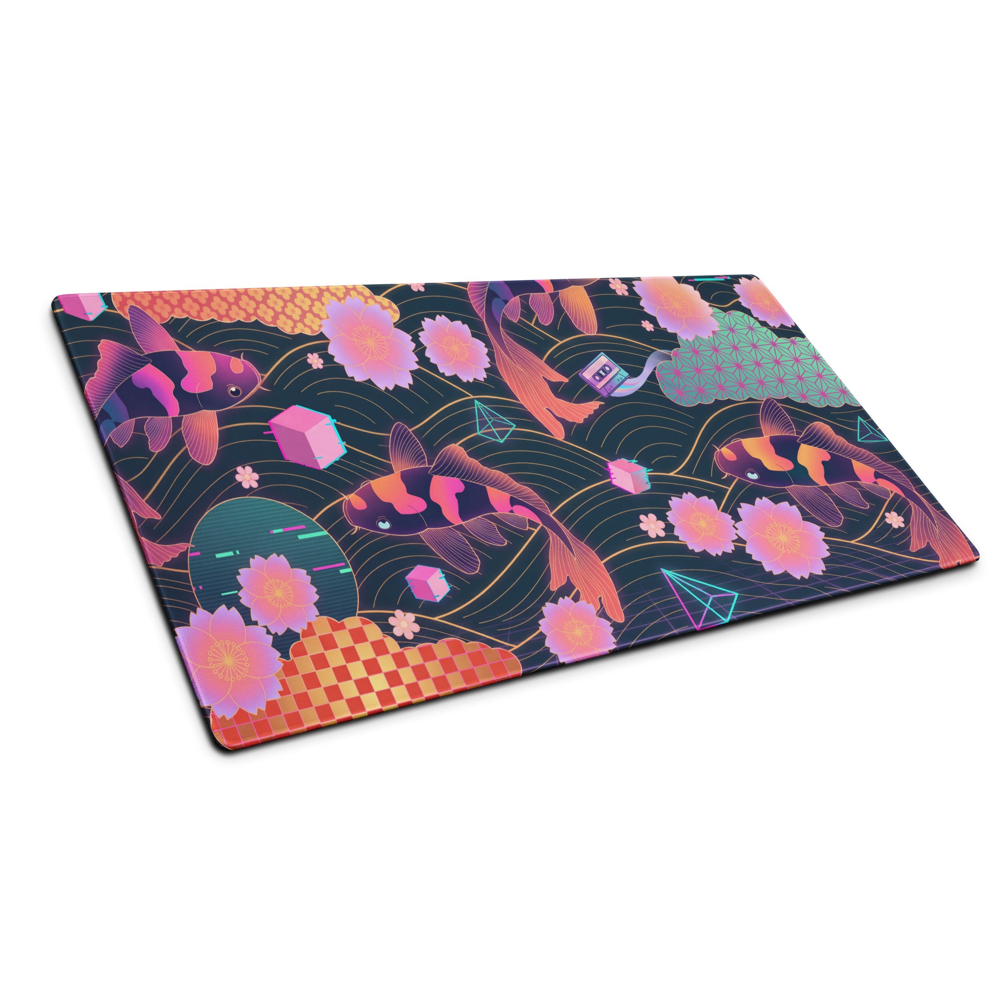 Neon Vaporwave Koi Desk Pad - Koi Fish Neon Pink Purple Gaming Desk Vaporwave Dreamy Neon Mood Retro Decor Digital Print