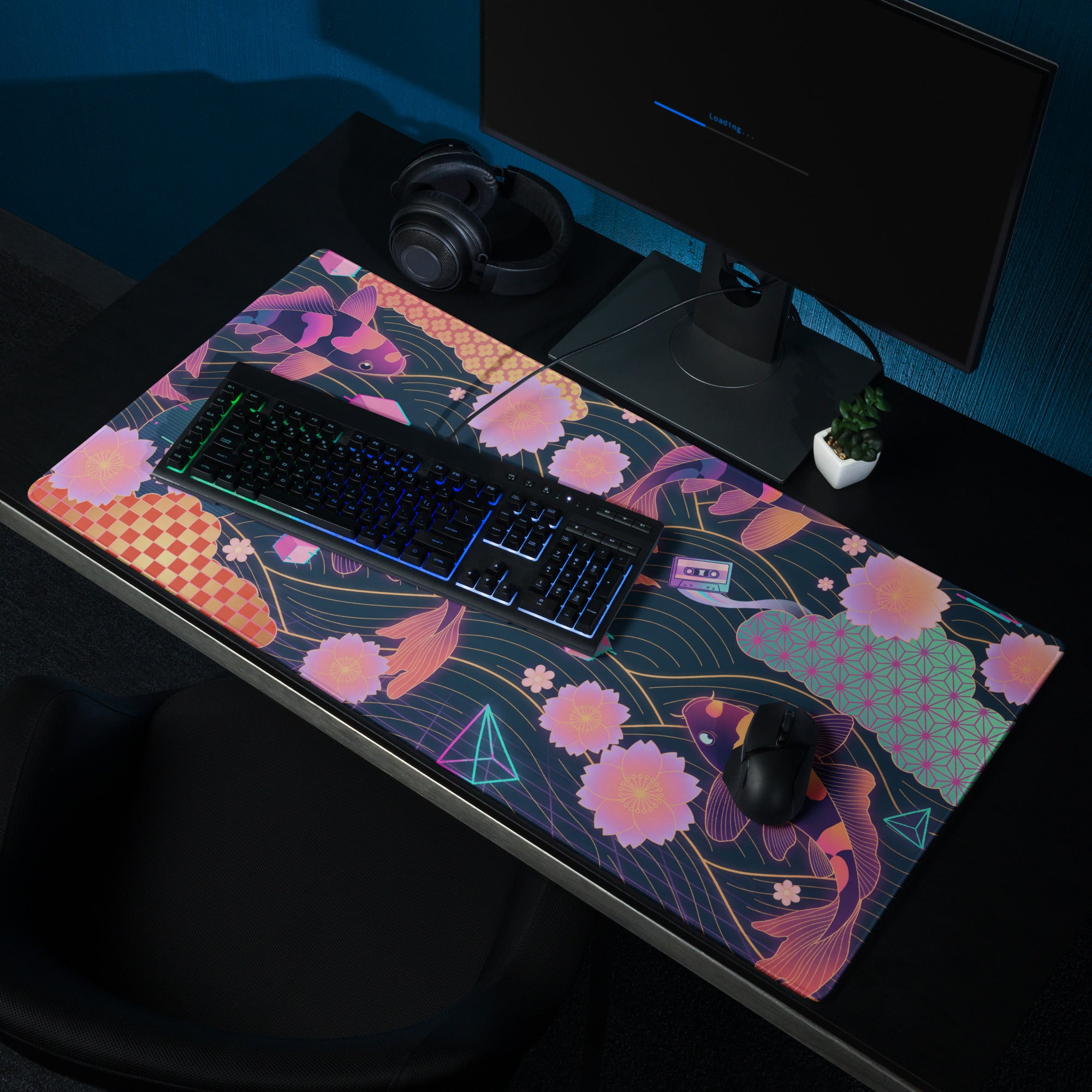 Neon Vaporwave Koi Desk Pad - Koi Fish Neon Pink Purple Gaming Desk Vaporwave Dreamy Neon Mood Retro Decor Digital Print